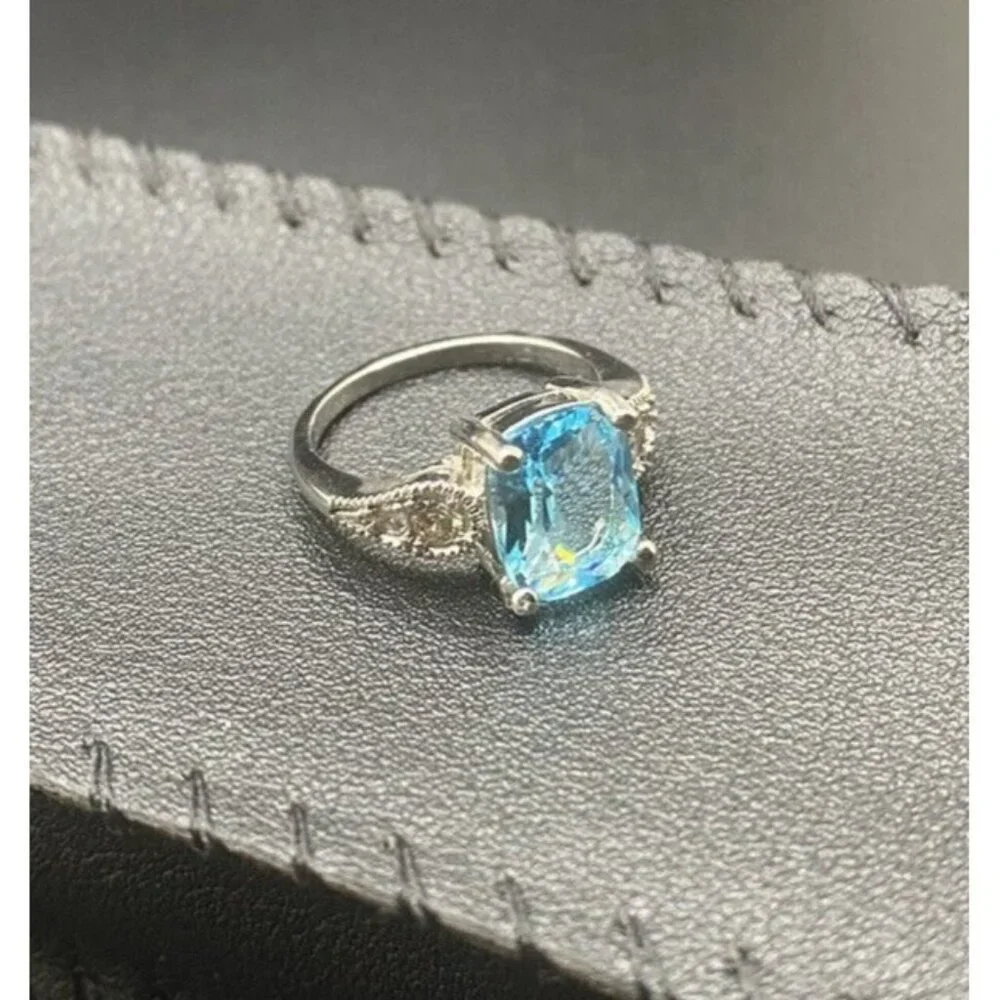 Emerald Cut Lab Blue Topaz Ring CZ Accents Size 5.75 3.4 grams Silver Plated - Picture 3 of 8
